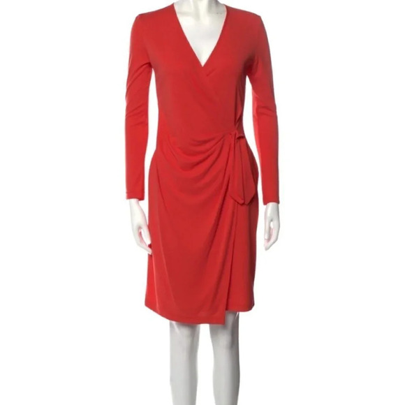 St. John Collection V-Neck Faux Wrap Midi Dress Coral/Orange Size 2 - Picture 2 of 15